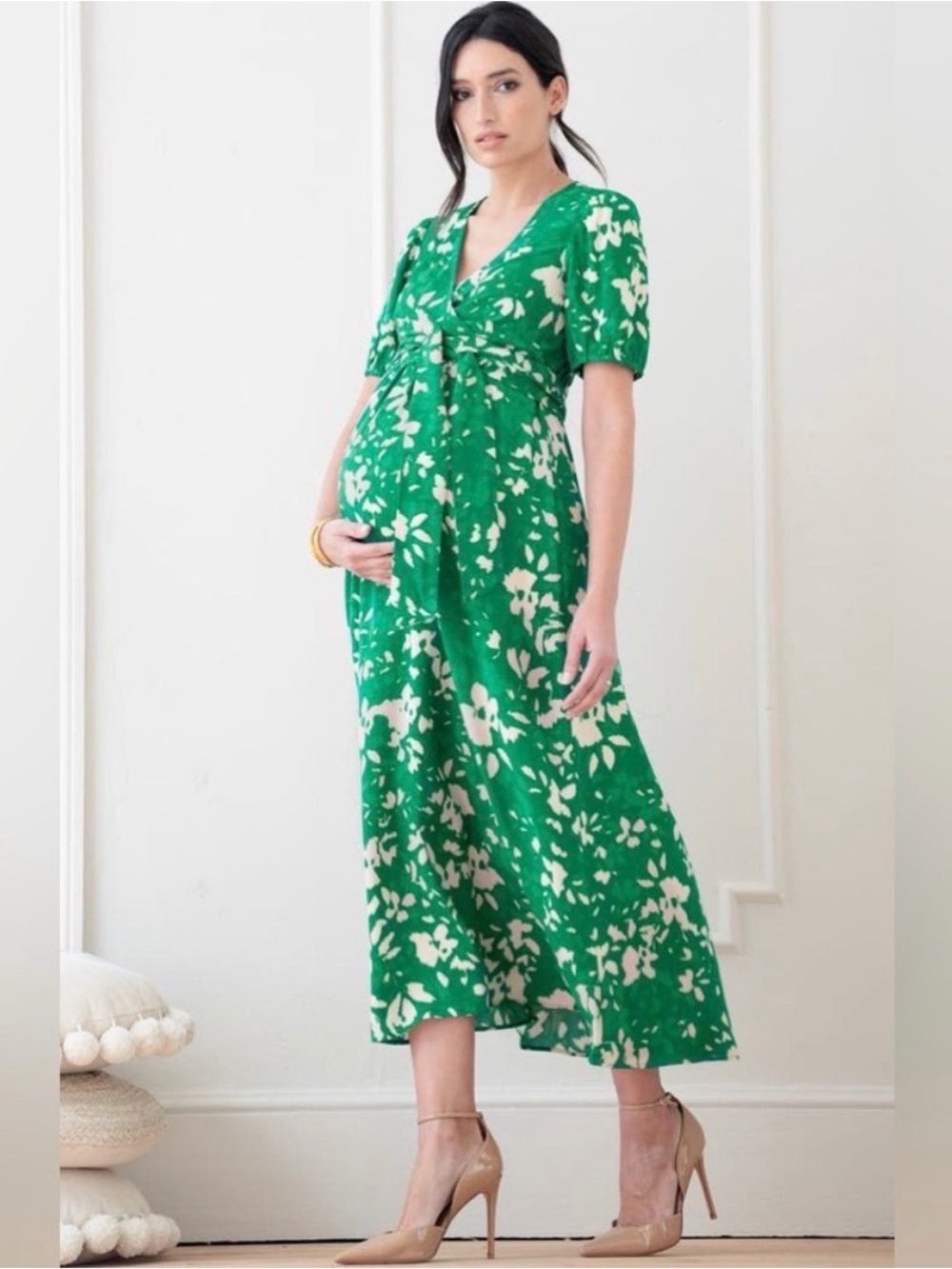 Seraphine Floral Tie Waist, balloon sleeves Maternity/Nursing Midi Dress Size 8